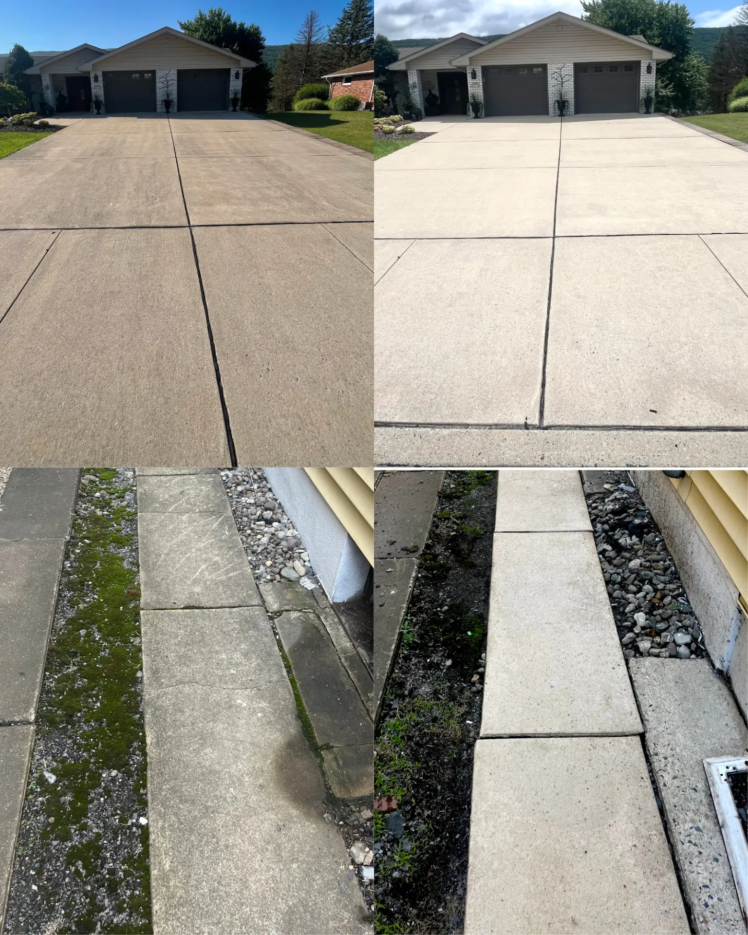 Before and after pressure washing results on a concrete driveway and walkway in Palmerton, PA
