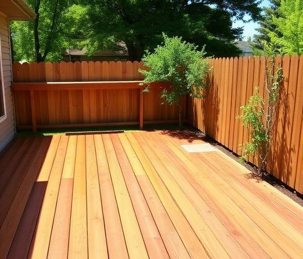 Cleaned wooden deck and cedar fence in a backyard