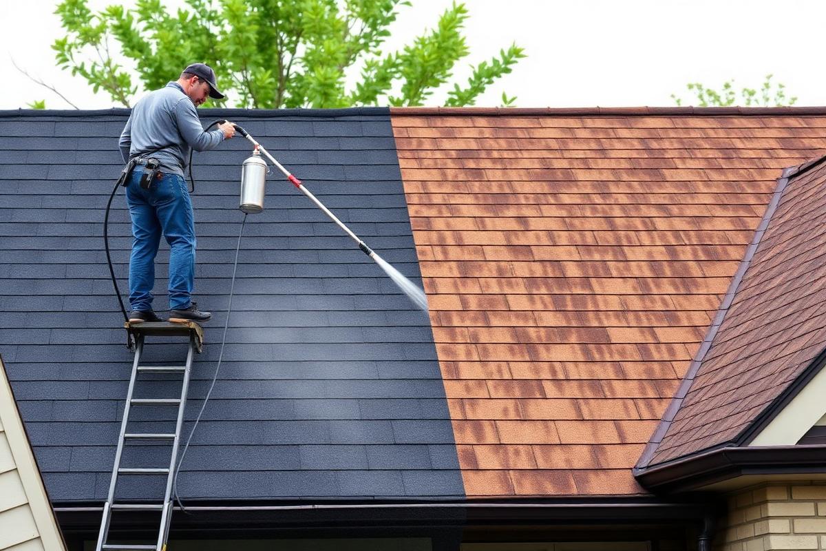 Technician soft washing black algae streaks off an asphalt shingle roof